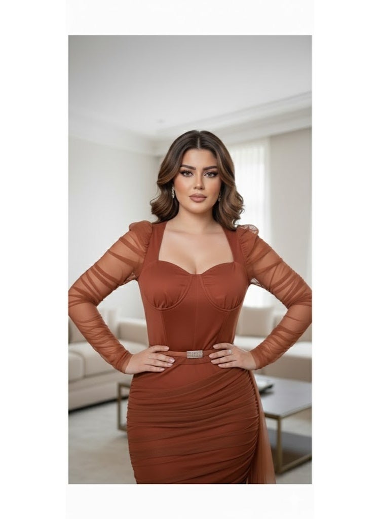 FULL JOY Stylish Midi Dress with Modern Design that flatters the figure in Elegant way,Evening Dress with a Belt and Long Sleeves, Fashion and Trendy Dress. - Image 4